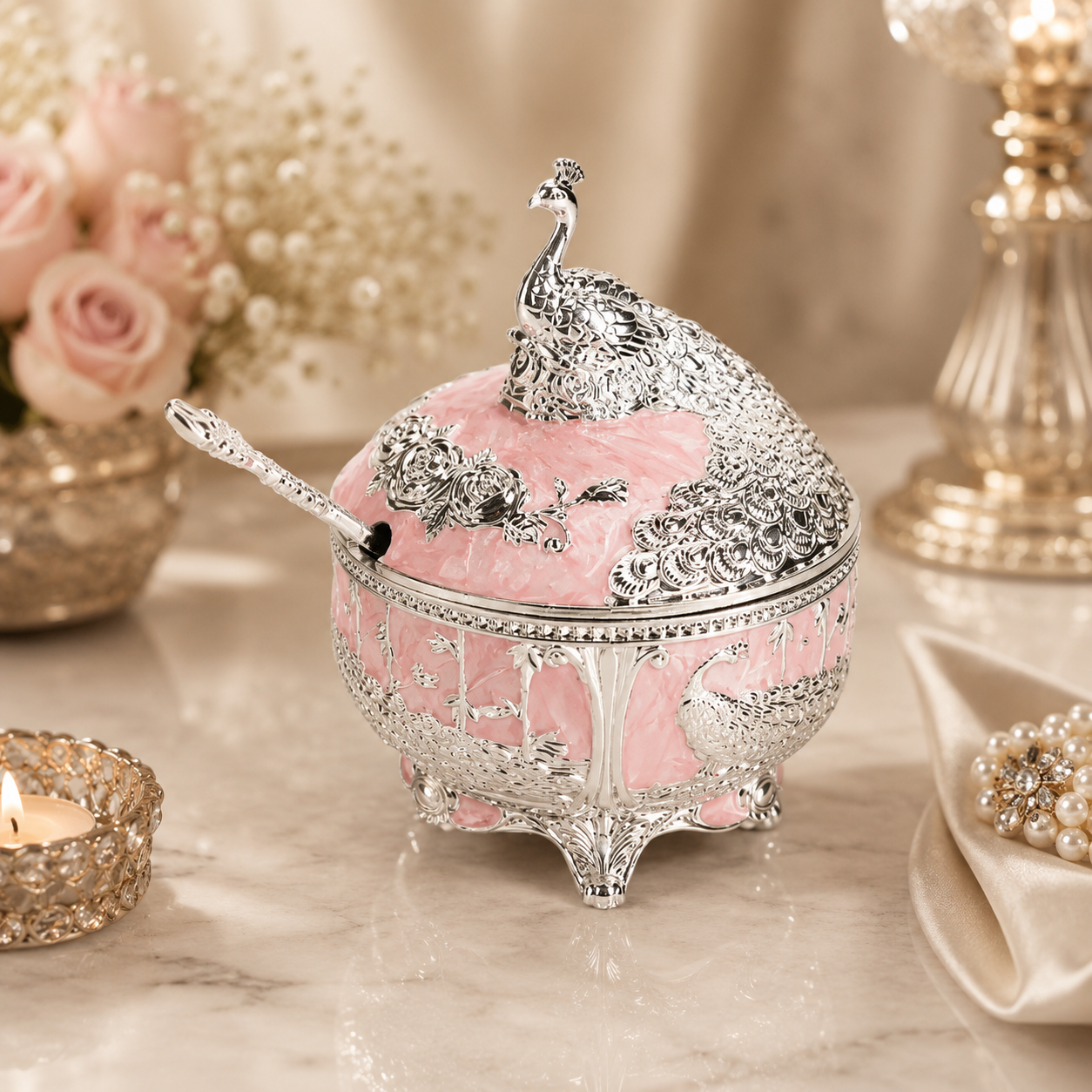Pink Peacock Enamel Sugar Bowl with Spoon | Diwali | Housewarming | party | Varalakshmi | Navratri| Christmas