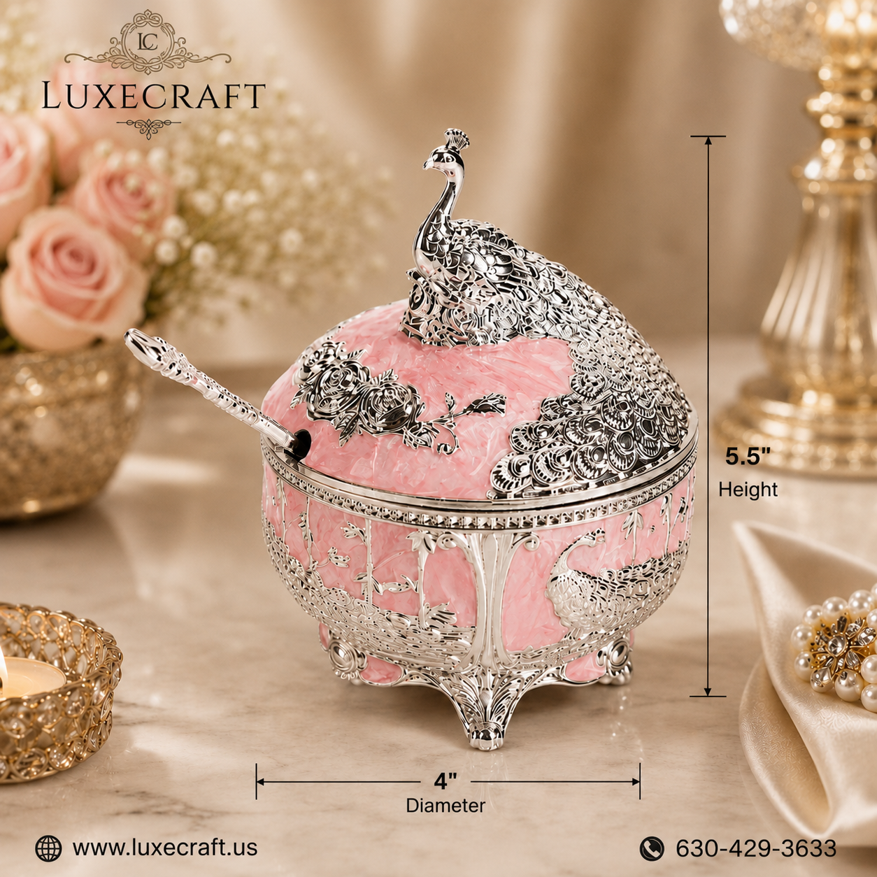 Pink Peacock Enamel Sugar Bowl with Spoon | Diwali | Housewarming | party | Varalakshmi | Navratri| Christmas