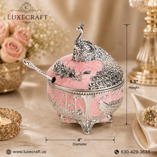 Pink Peacock Enamel Sugar Bowl with Spoon | Diwali | Housewarming | party | Varalakshmi | Navratri| Christmas