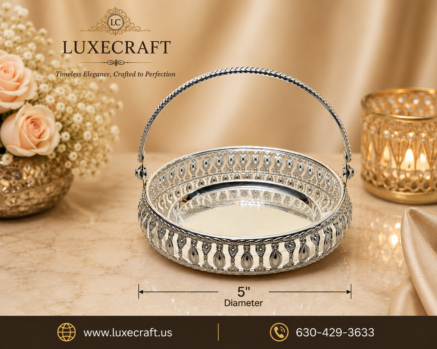 Silver-Toned Filigree Basket with Handle | Diwali | Housewarming | party | Varalakshmi | Navratri| Christmas