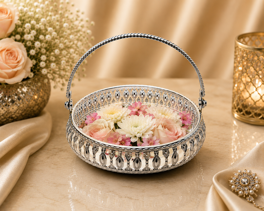 Silver-Toned Filigree Basket with Handle | Diwali | Housewarming | party | Varalakshmi | Navratri| Christmas