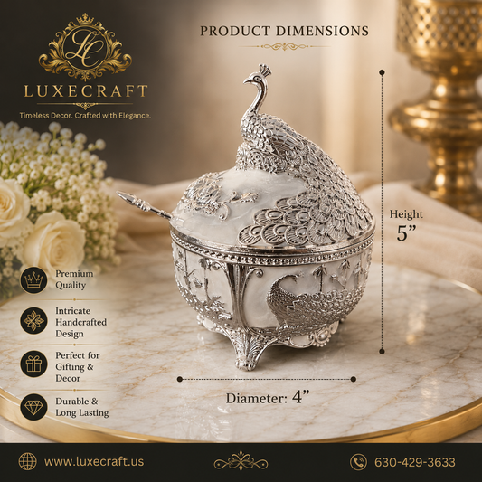 Pearl White Peacock Enamel Sugar Bowl with Spoon