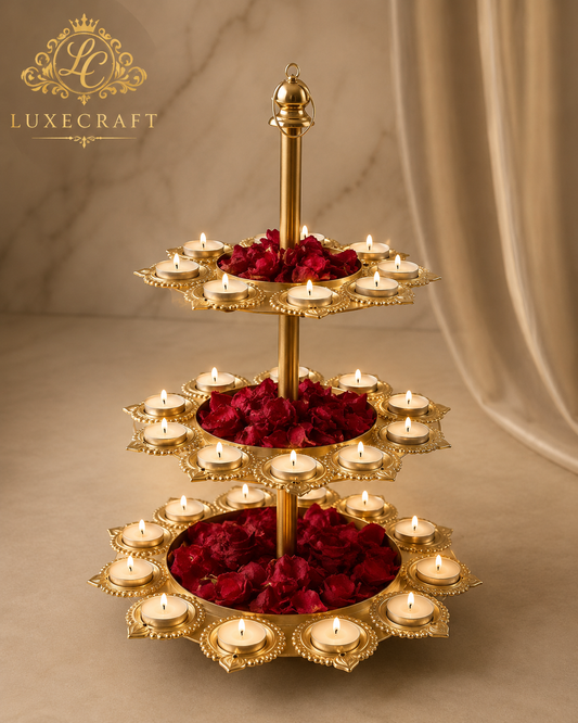 Golden 3-Tier Lotus Tealight & Petal Stand