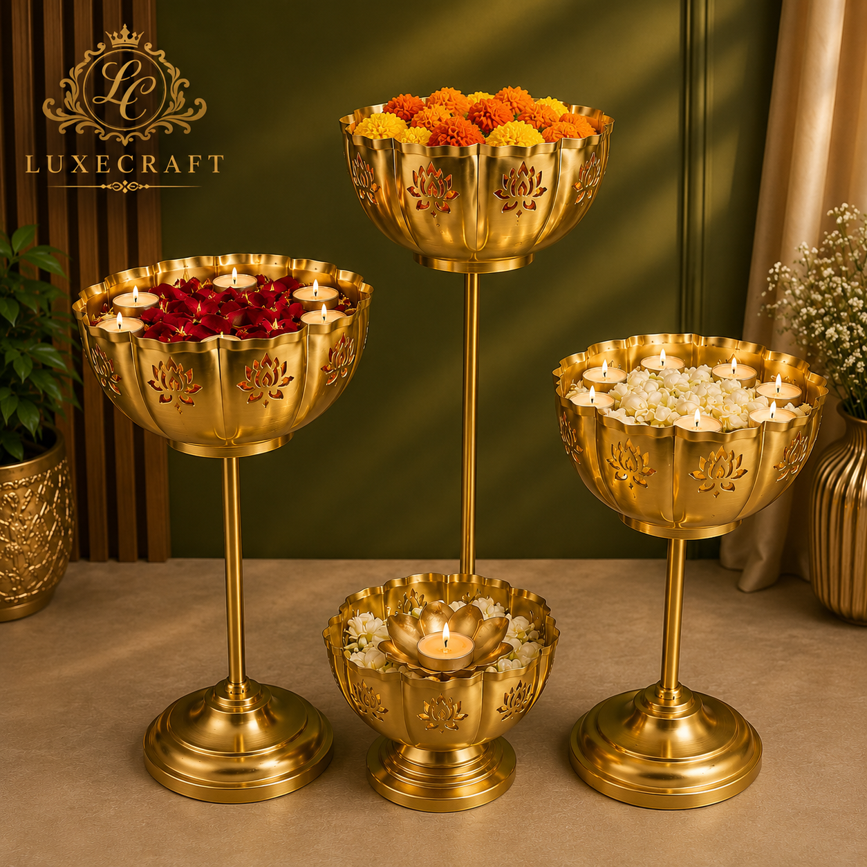 Lotus Standing Urli Set with Gold Finish