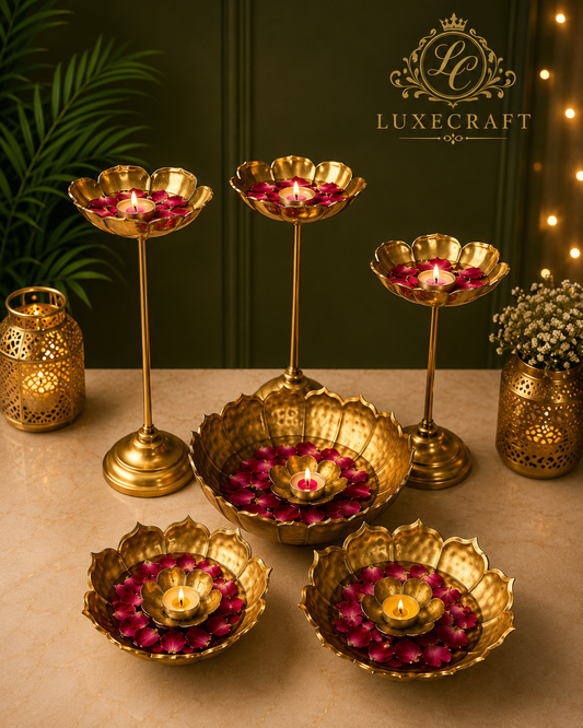 Golden Tashla Urli Set with Lotus Candle Stands & Floating Diyas
