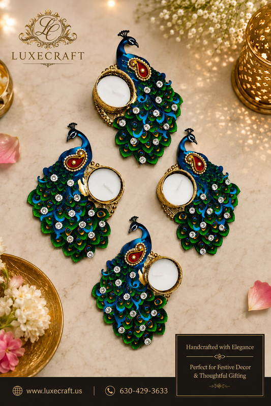 Jewelled Peacock Tea-Light Candle Holder – Handcrafted Festive Décor