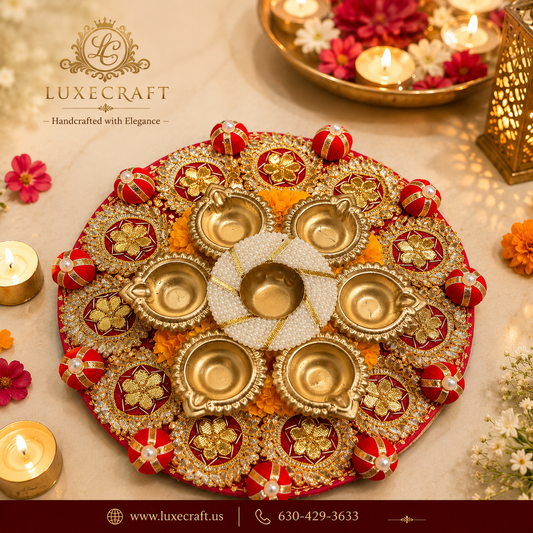 Embellished Velvet Pooja Thali with Diya Set – Handcrafted Festive Décor