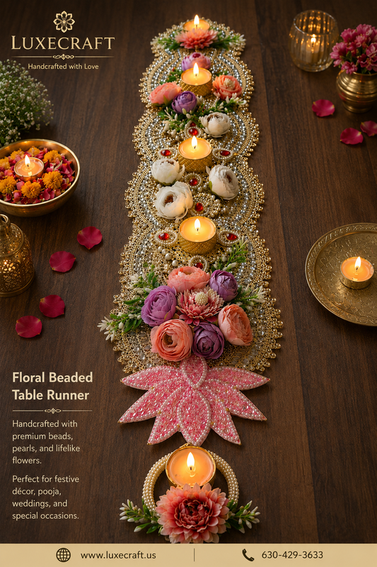 Pearl & Mirror Beaded Lotus Table Runner – Handcrafted Festive Décor