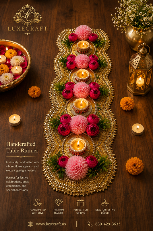 Gold Beaded Scalloped Table Runner – Handcrafted Festive Décor