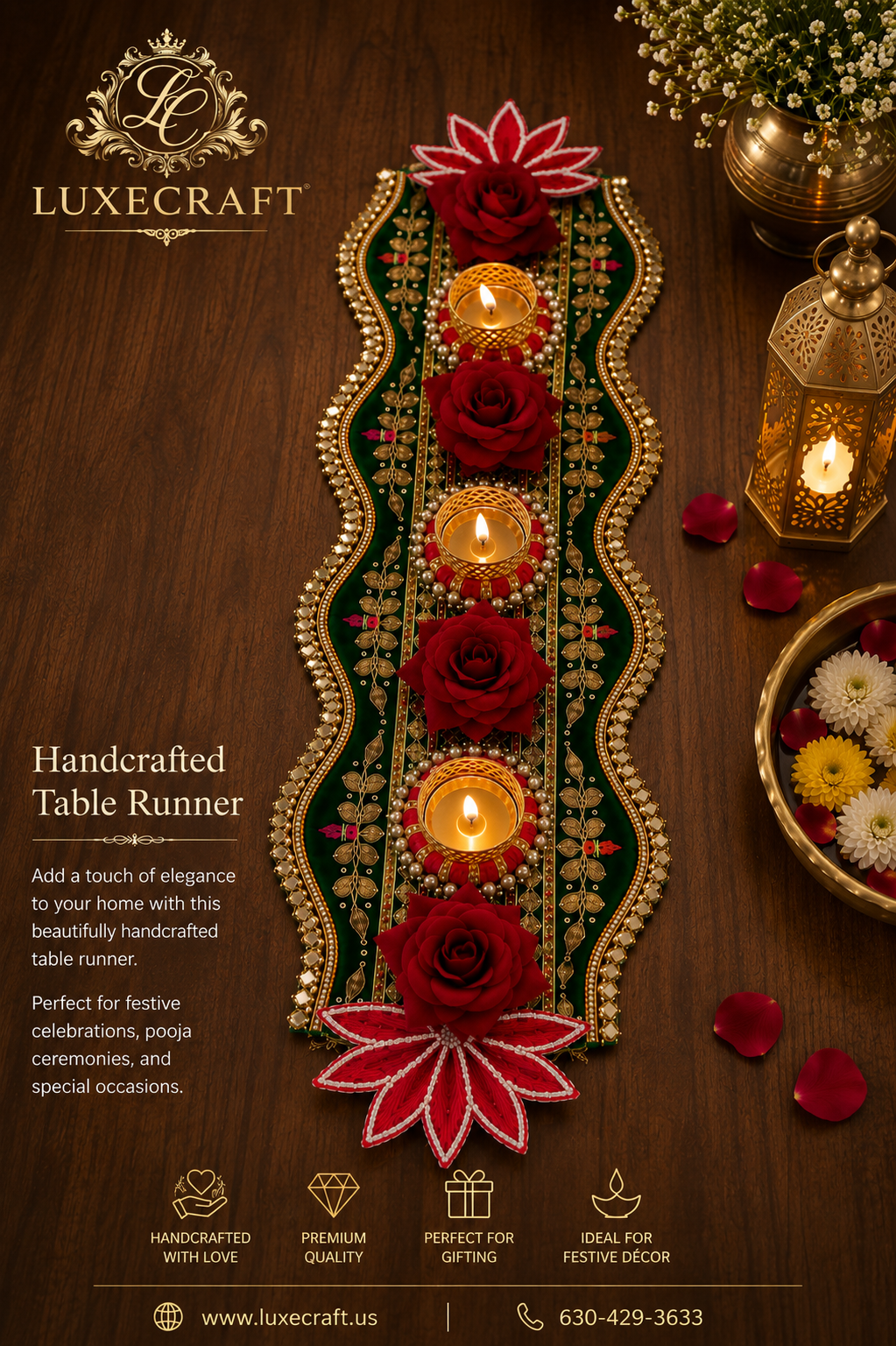 Green Velvet Zari Embroidered Table Runner – Handcrafted Festive Décor