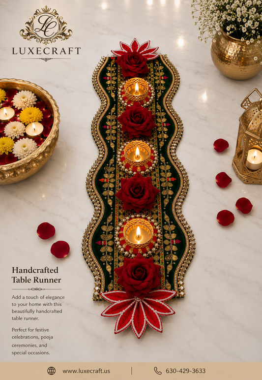 Green Velvet Zari Embroidered Table Runner – Handcrafted Festive Décor