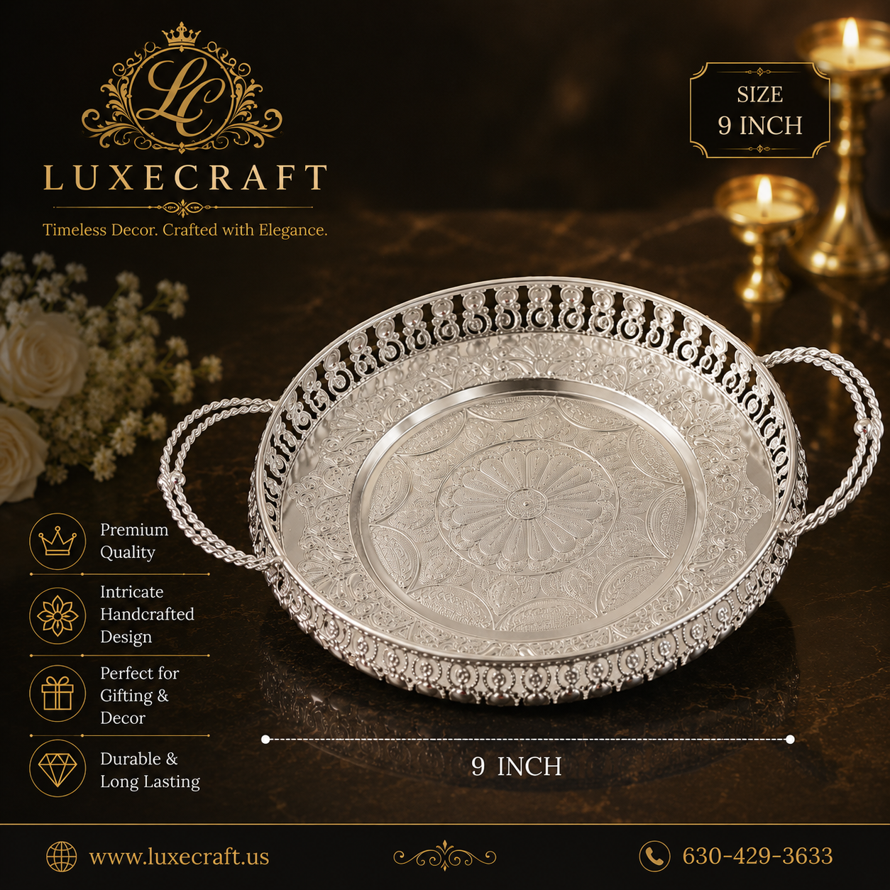 Silver-Toned Filigree Serving Tray with Handles – Handcrafted Festive Décor