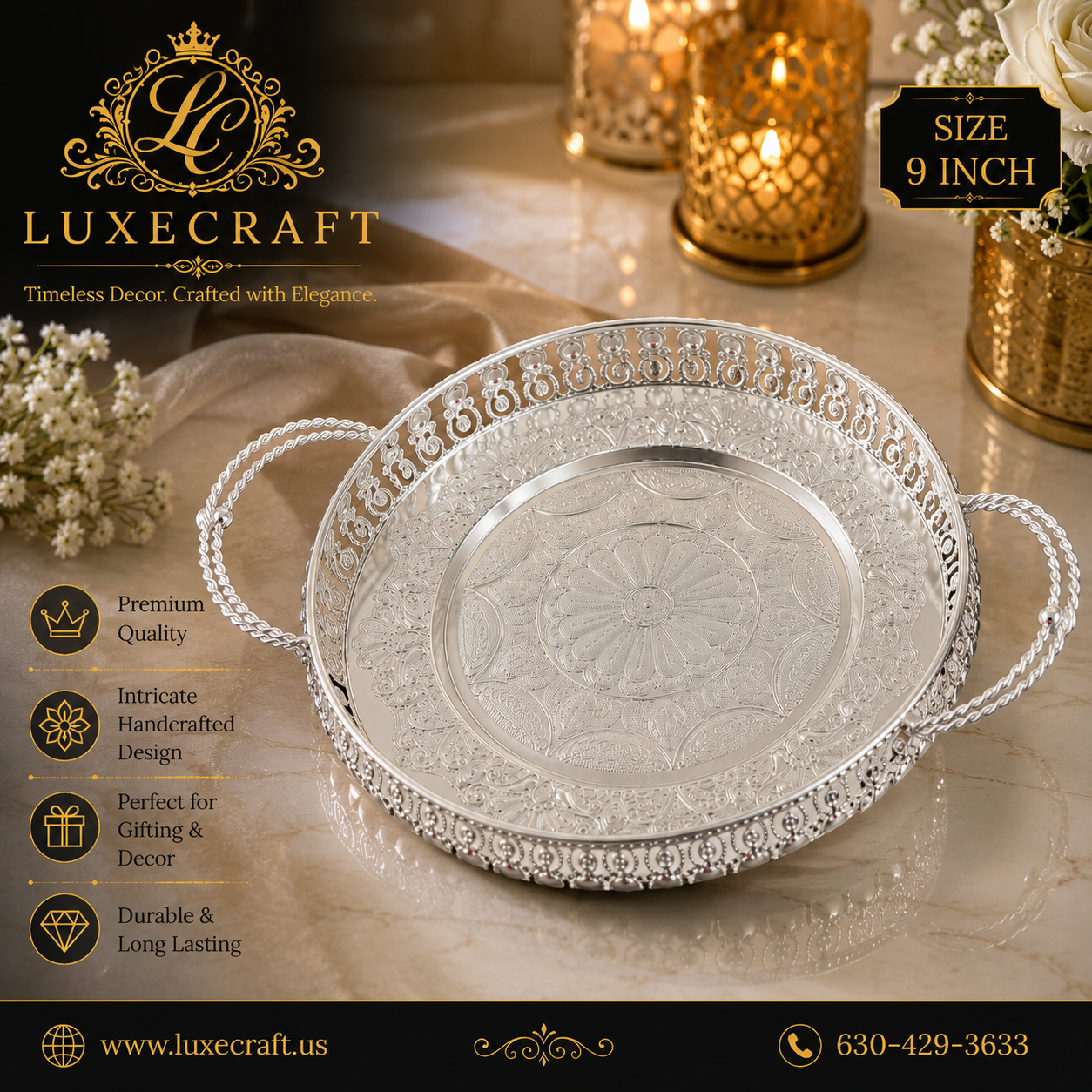 Silver-Toned Filigree Serving Tray with Handles – Handcrafted Festive Décor