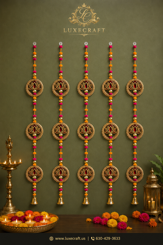 Triple Lotus Gota Ring Door Hanging with Bell – Handcrafted Festive Décor