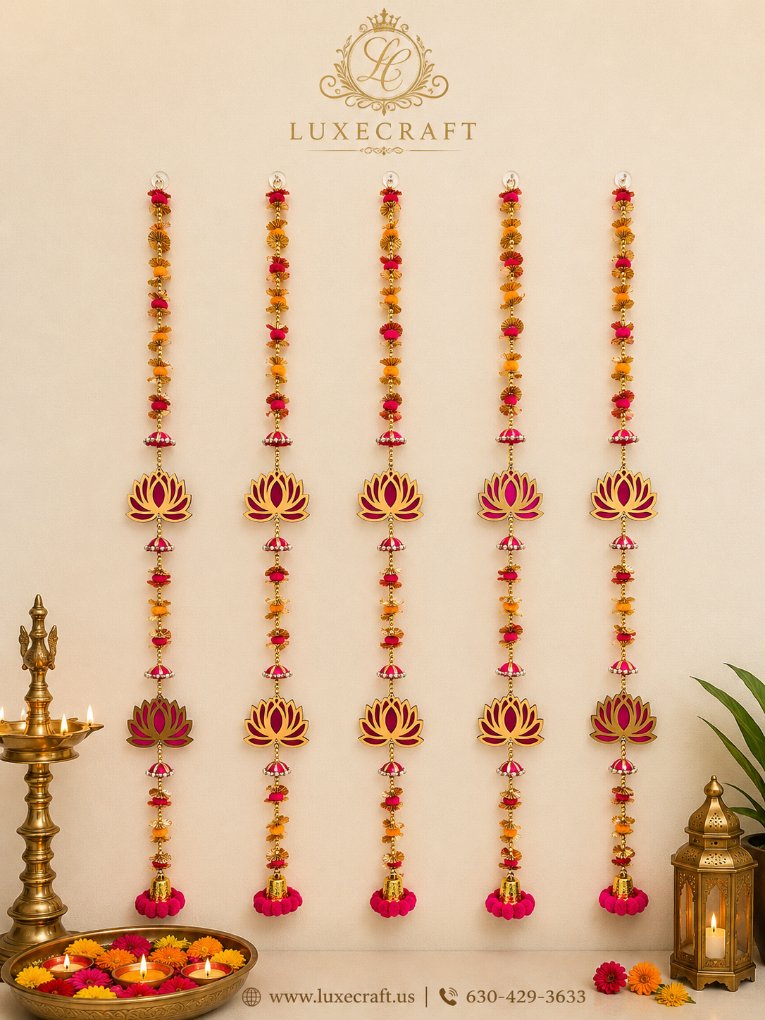 Gold Lotus & Marigold Bell Door Hanging – Handcrafted Festive Décor