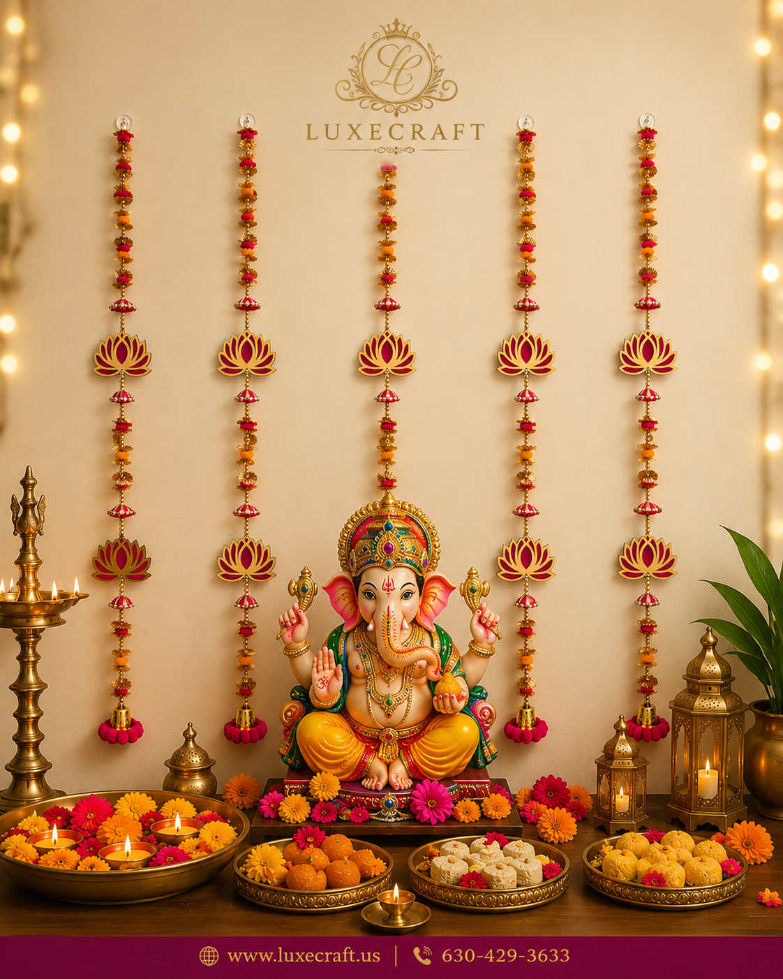 Gold Lotus & Marigold Bell Door Hanging – Handcrafted Festive Décor