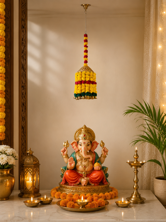 Marigold Floral Jhumar Hanging with Golden Dome – Handcrafted Festive Décor