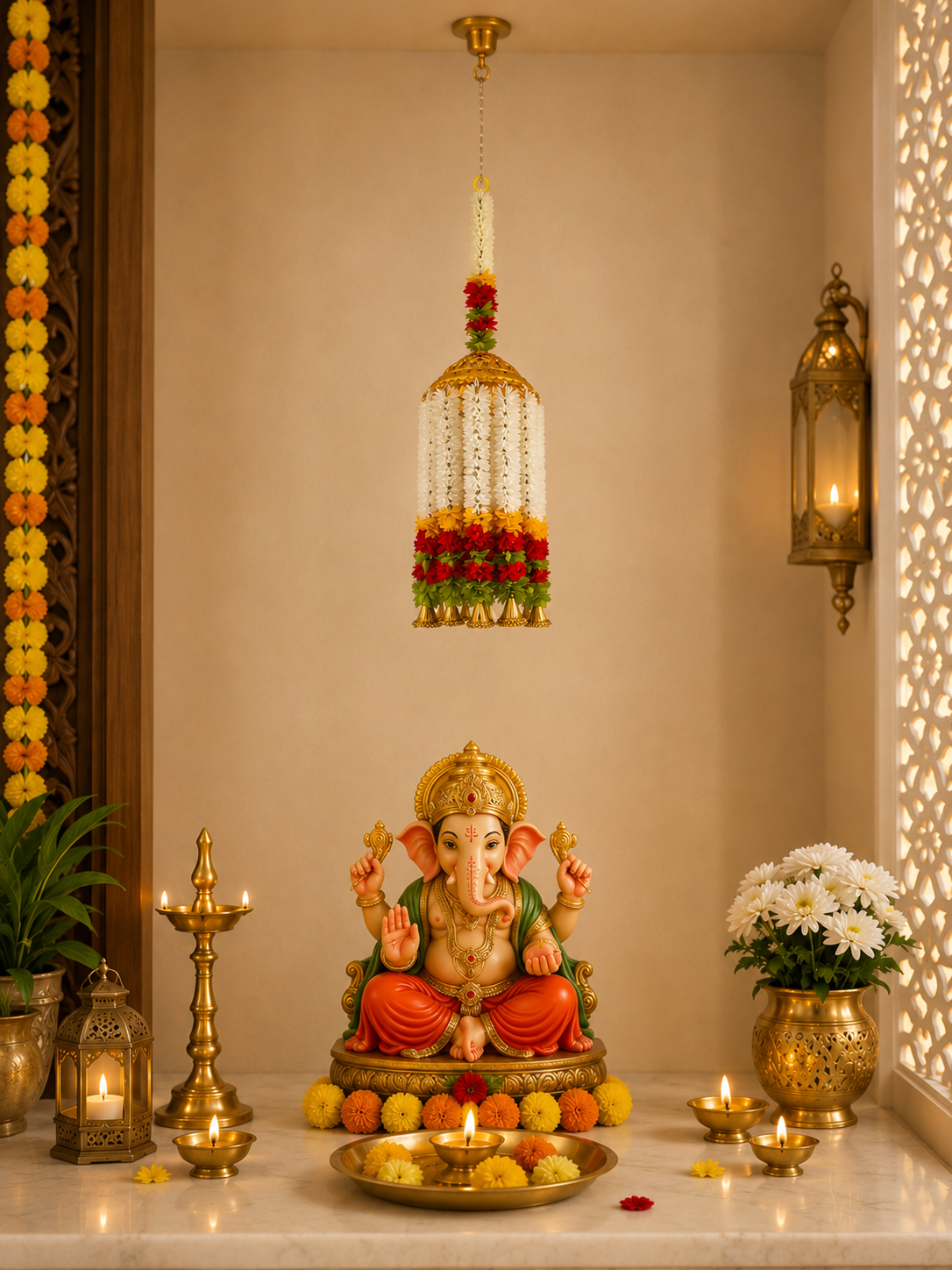 White Jasmine Floral Jhumar Hanging with Golden Dome – Handcrafted Festive Décor