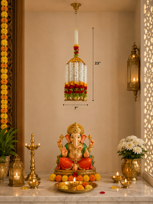 White Jasmine Floral Jhumar Hanging with Golden Dome – Handcrafted Festive Décor