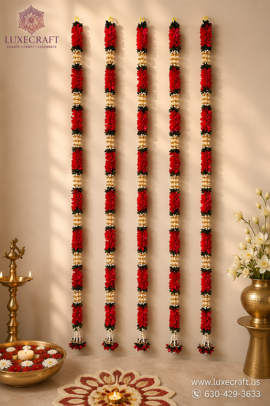 Red, White & Green Artificial Flower Garland (Pack of 5)