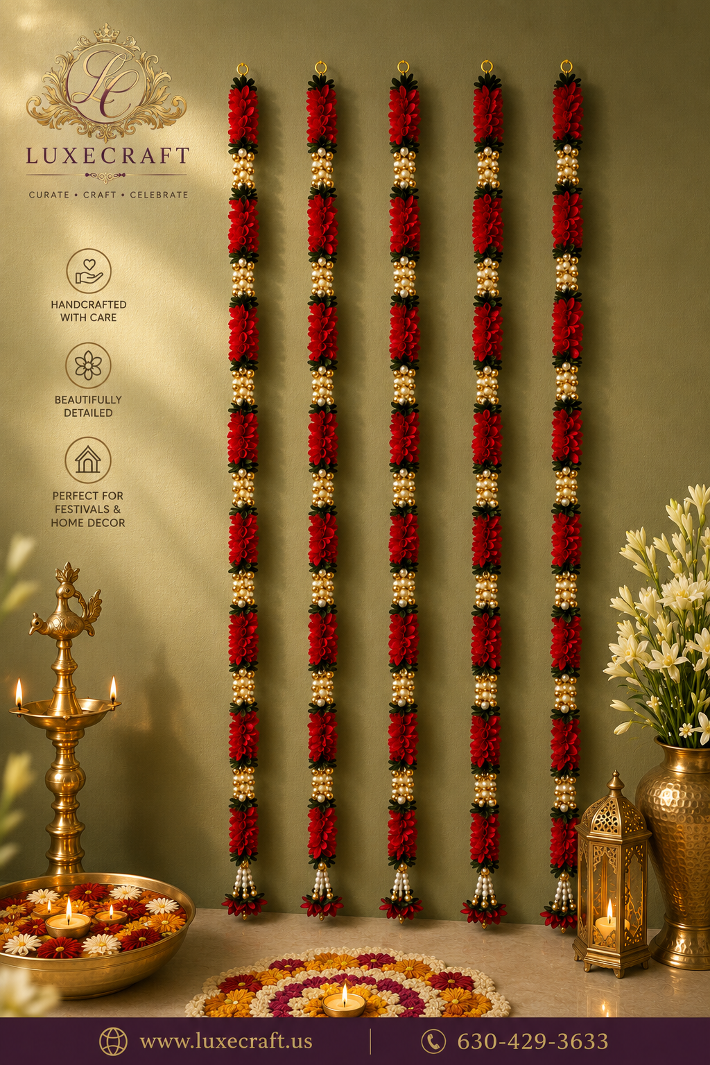 Red, White & Green Artificial Flower Garland (Pack of 5)