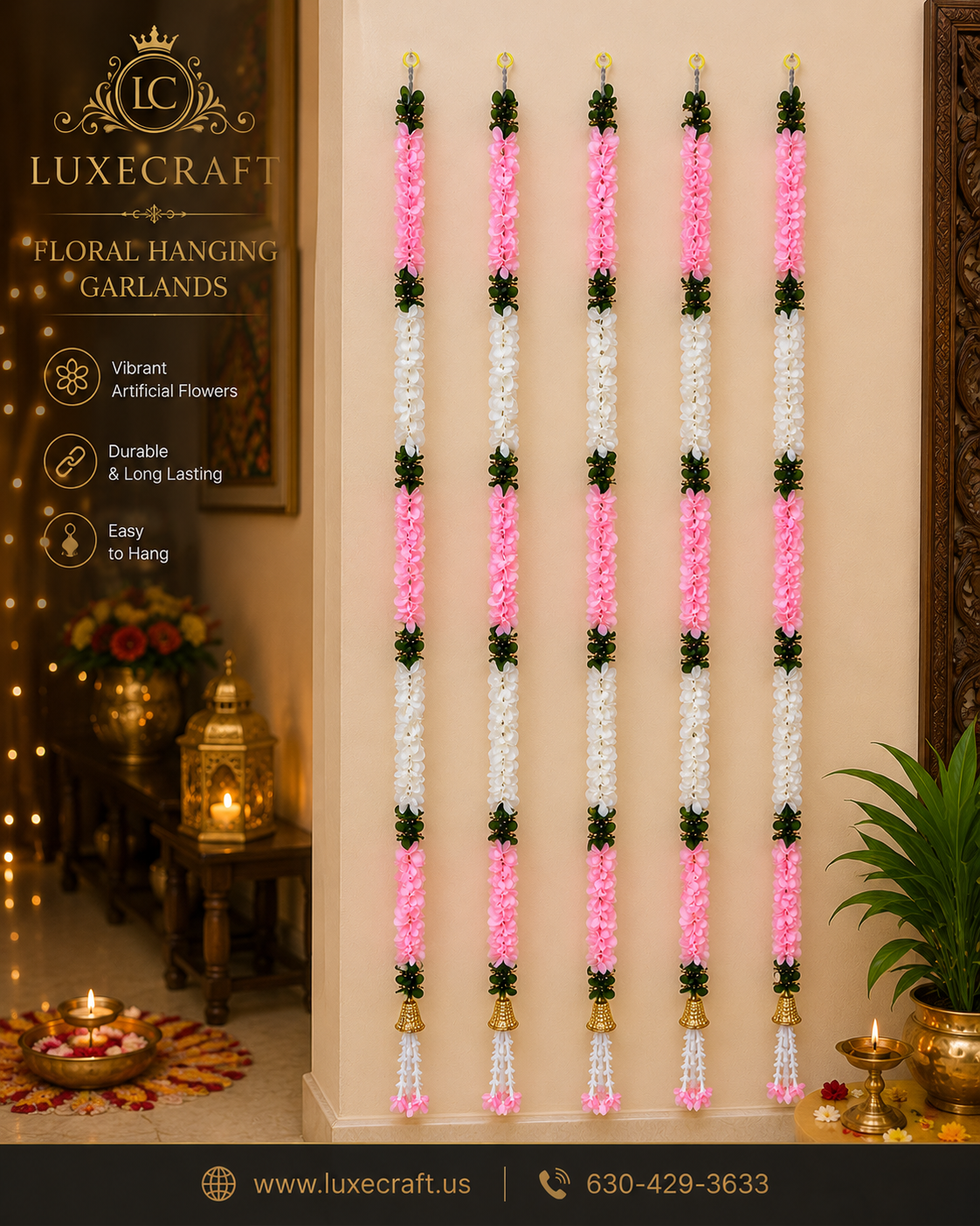 Soft Pink & White Artificial Flower Garland – Pack of 12