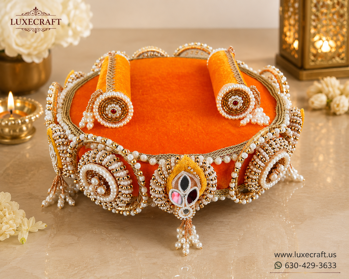 Marigold Velvet Pearl & Mirror Beaded Chowki – Handcrafted Festive Décor