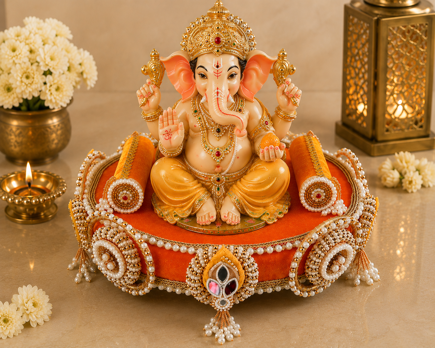 Marigold Velvet Pearl & Mirror Beaded Chowki – Handcrafted Festive Décor