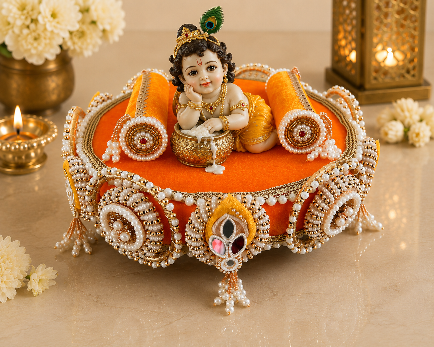 Marigold Velvet Pearl & Mirror Beaded Chowki – Handcrafted Festive Décor