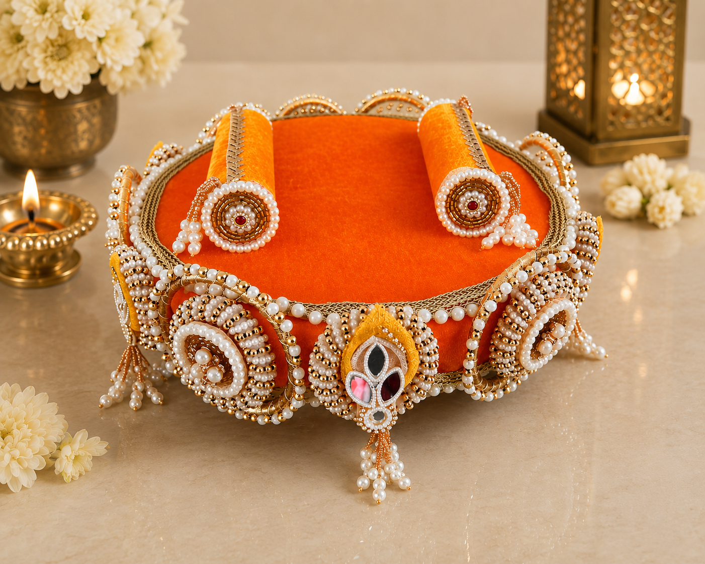 Marigold Velvet Pearl & Mirror Beaded Chowki – Handcrafted Festive Décor