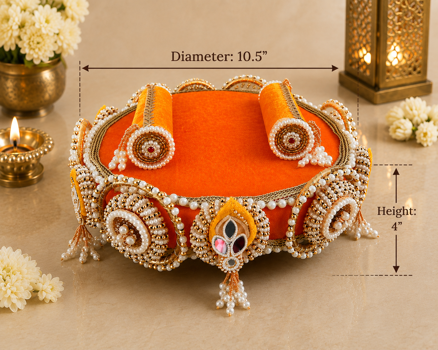 Marigold Velvet Pearl & Mirror Beaded Chowki – Handcrafted Festive Décor