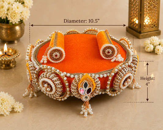 Marigold Velvet Pearl & Mirror Beaded Chowki – Handcrafted Festive Décor