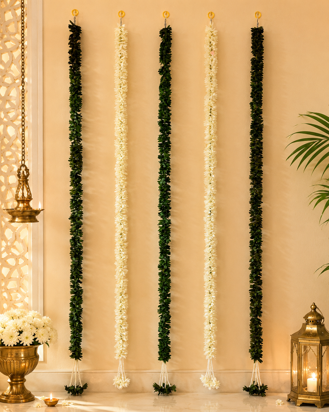 Green Leaf & White Jasmine Artificial Garland Strands – Set of 12