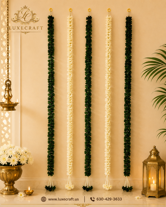 Green Leaf & White Jasmine Artificial Garland Strands – Set of 12