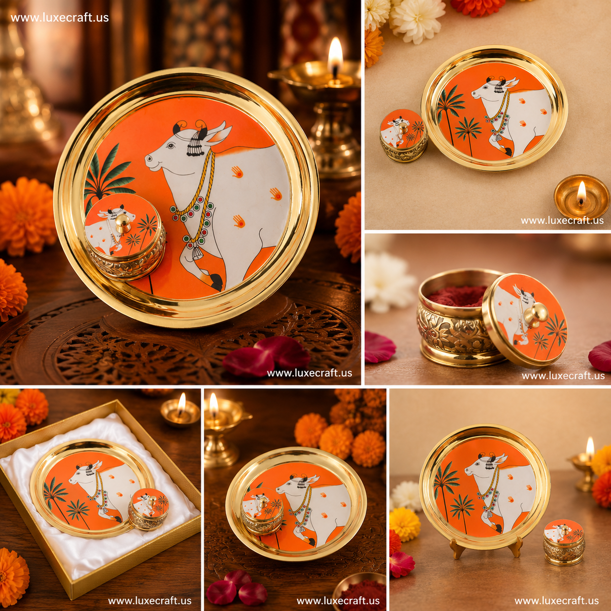 Brass Pichwai Pooja Plate & Kumkum Box Gift Set | Diwali | Housewarming | Indian Gifts