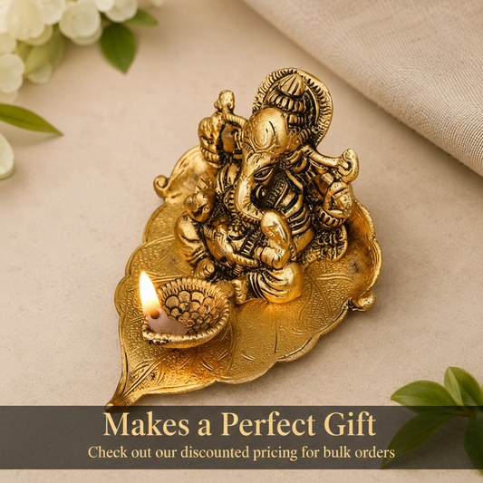 Elegant Brass Finish Ganesha Diya – Decorative Leaf Oil Lamp for Diwali, Pooja & Housewarming Return Gifts (4.5 Inch)