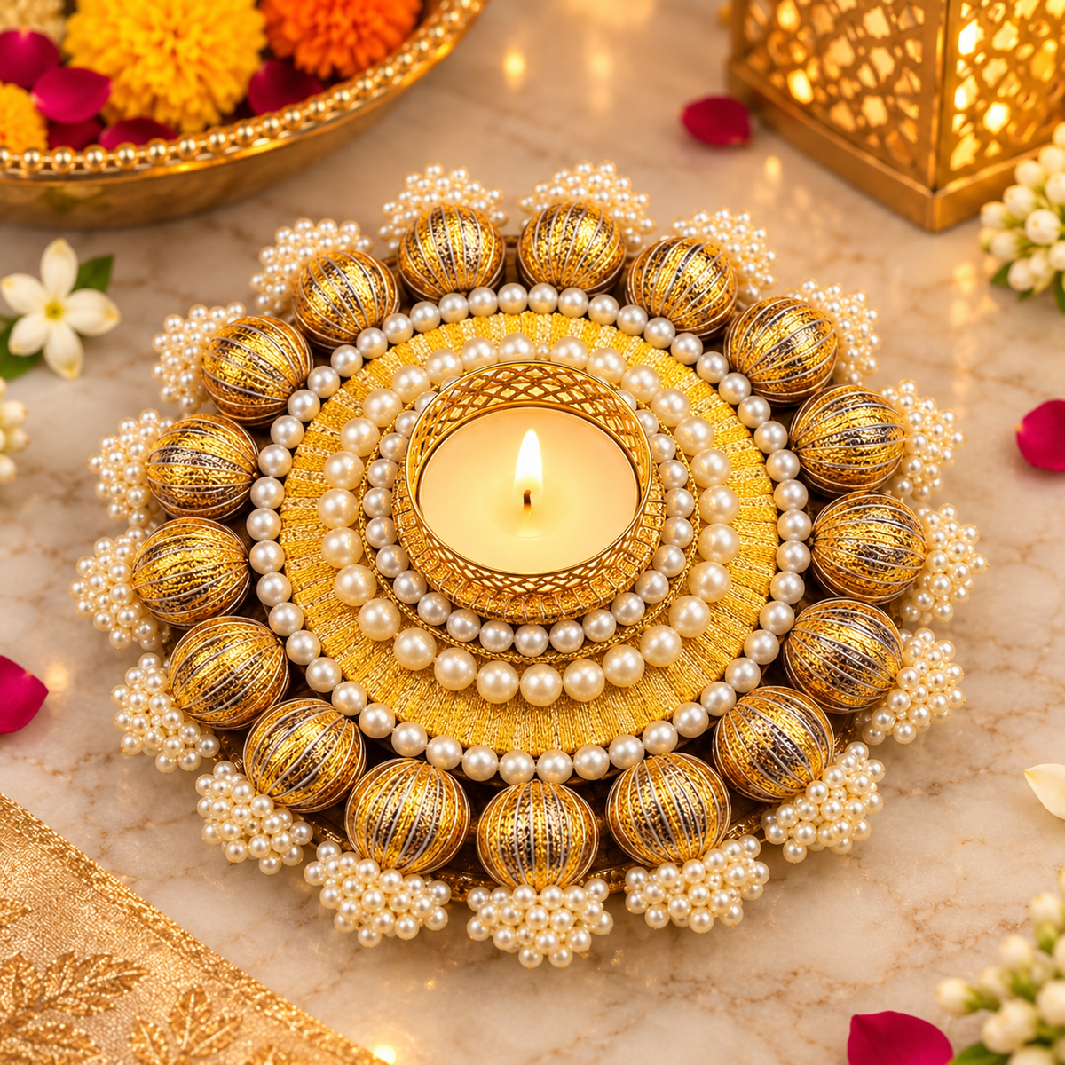 Pearl & Gold Beaded Tea-Light Candle Holder – Pack of 2