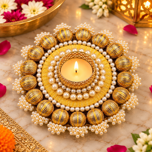 Pearl & Gold Beaded Tea-Light Candle Holder – Pack of 2