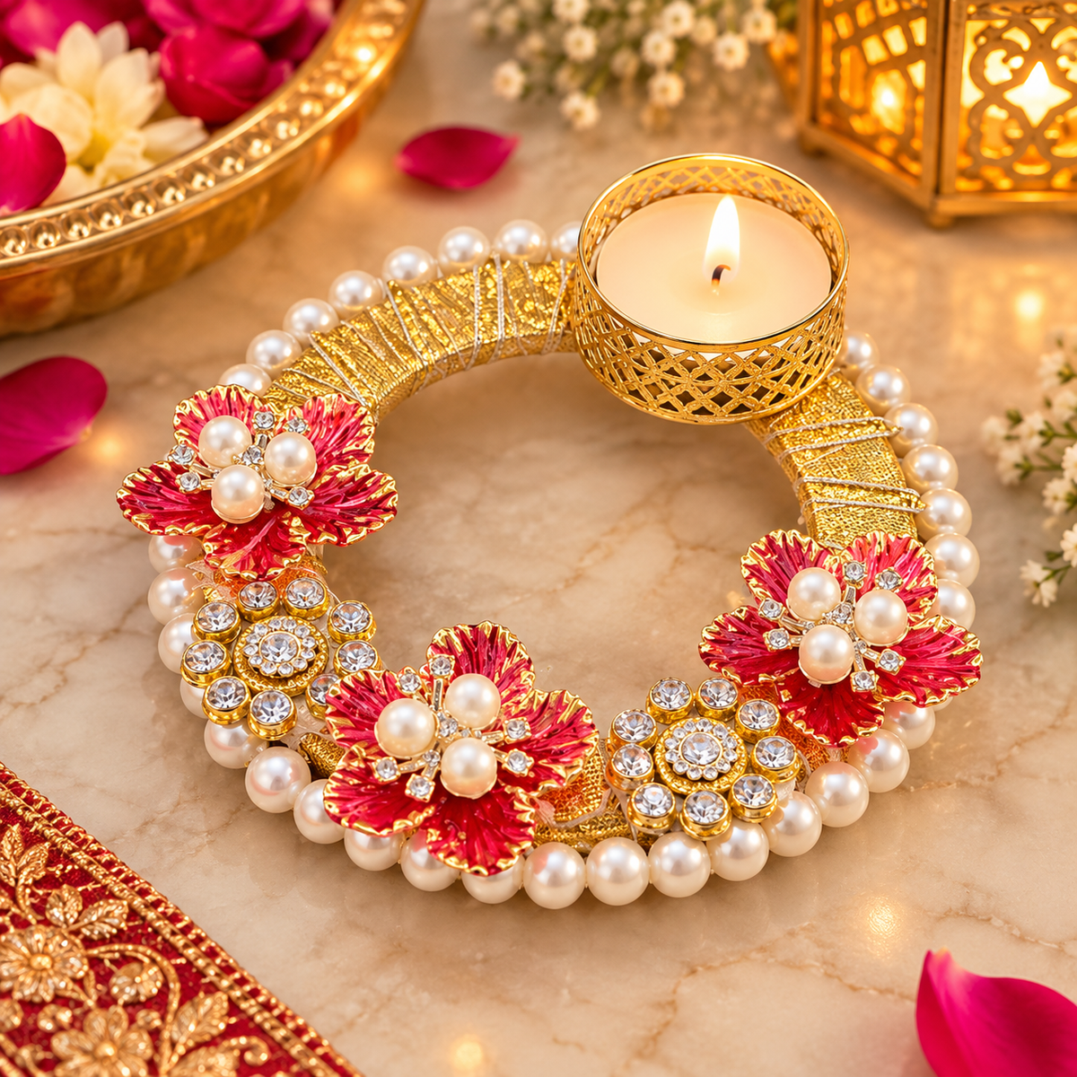 Floral Pearl & Crystal Tea-Light Ring Holder – diwali