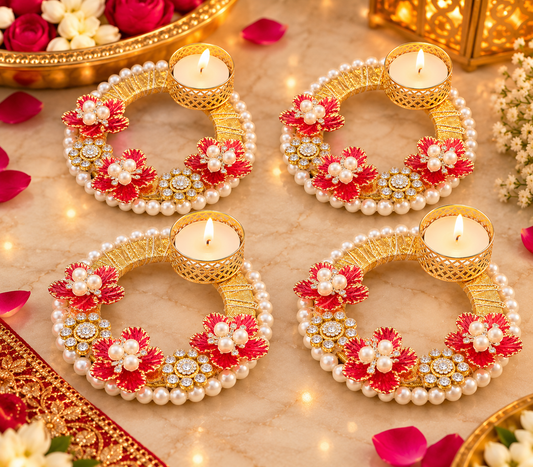 Floral Pearl & Crystal Tea-Light Ring Holder – diwali