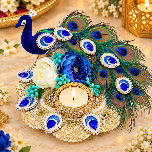 Peacock Feather Floral Tea-Light Candle Holder – Handcrafted Festive Décor
