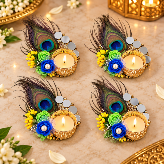 Peacock Feather Mirror Tealight Holder (Set of 4)