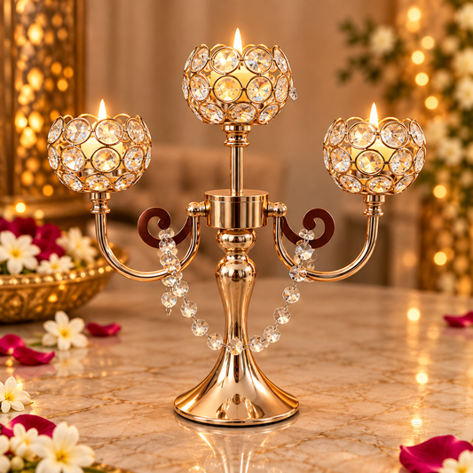 Gold Crystal 3-Arm Candelabra Tea-Light Holder – Handcrafted Festive Décor
