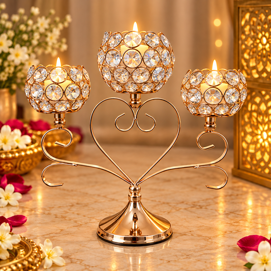 Gold Crystal Heart Candelabra Tea-Light Holder (3-Cup) – Handcrafted Festive Décor