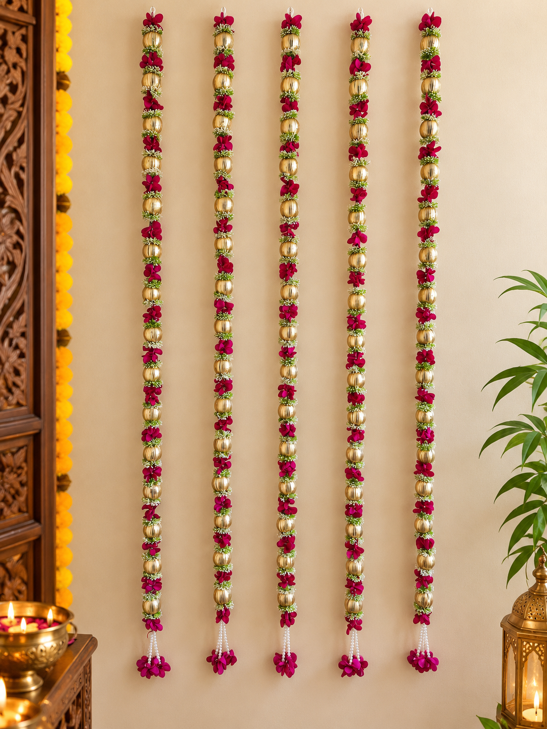 Golden Big Bead Floral Hanging Garland – Pack of 10