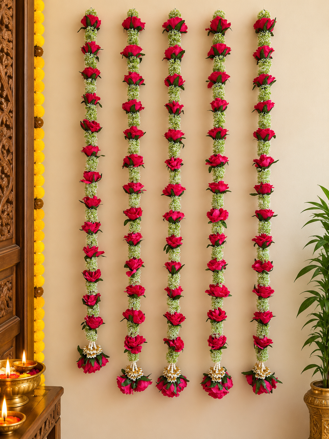 Pink Rose & Green Jasmine Bud Garland – Pack of 10