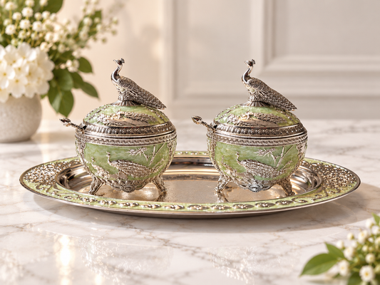 Peacock Enamel Bowl & Tray Serving Set