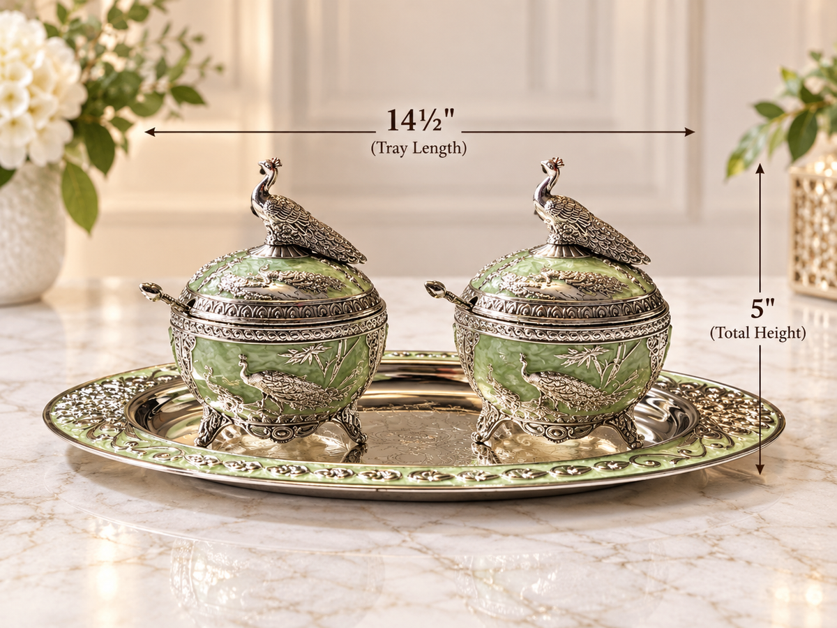 Peacock Enamel Bowl & Tray Serving Set