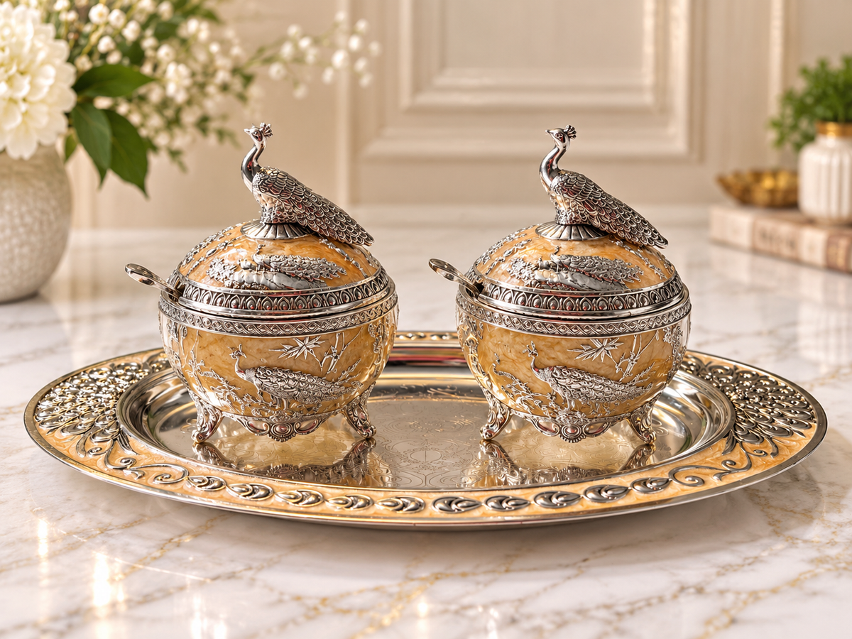 Peacock Enamel Bowl & Tray Serving Set