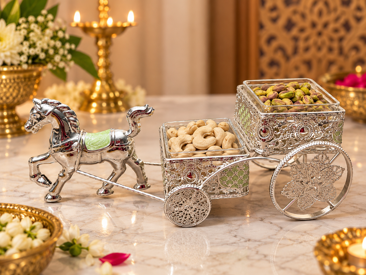 Horse & Carriage Serving Cart with Glass Bowls